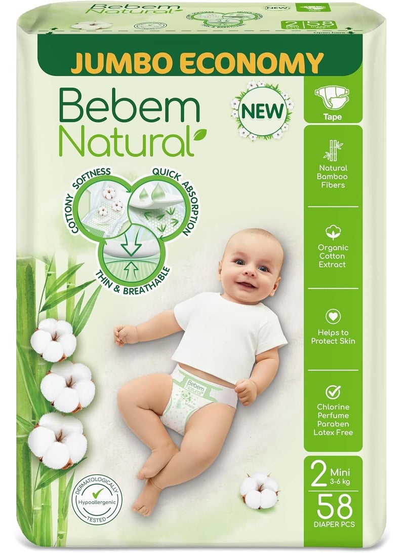 Bebem Be Bum Natural Baby Diapers, Jumbo Pack - Size Mini 2 - 58 Pieces - Image 1